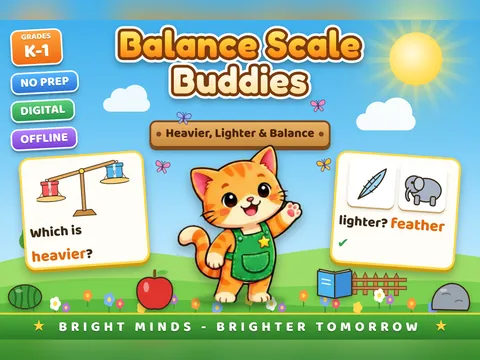 Balance Scale Buddies game cover: comparing weight practice for K–1