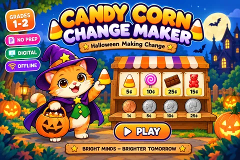 Candy Corn Change Maker game cover: making change practice for Grade 2