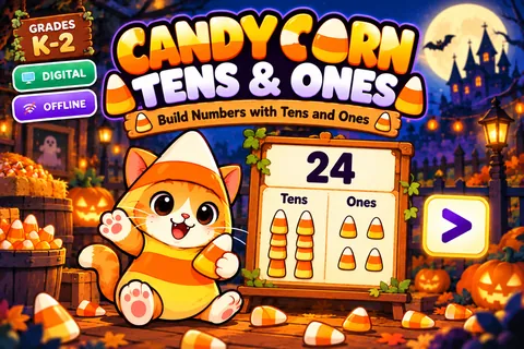 Candy Corn Tens and Ones game cover: place value practice for Grade 1
