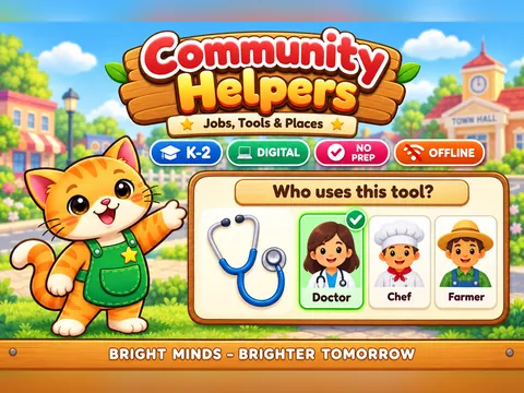 Community Helpers game cover: community helpers practice for K–2