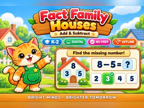 Fact Family Houses game cover: fact families practice for K–2