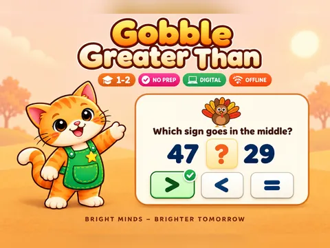 Gobble Greater Than game cover: comparing numbers practice for Grades 1–2