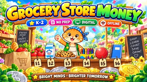 Grocery Store Money game cover: coin counting practice for Grades 1–2