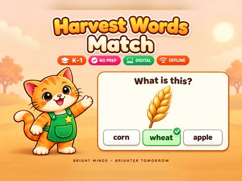 Harvest Words Match game cover: picture vocabulary practice for K–1