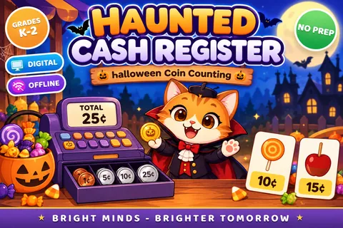 Haunted Cash Register game cover: halloween money practice for Grade 2