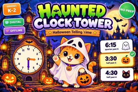 Haunted Clock Tower game cover: telling time practice for Grades 1–2