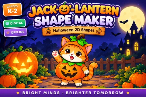 Jack-o'-Lantern Shape Maker game cover: 2d shapes practice for K–1