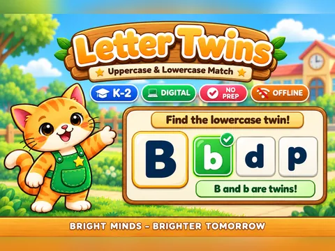 Letter Twins game cover: uppercase and lowercase letters practice for K–1