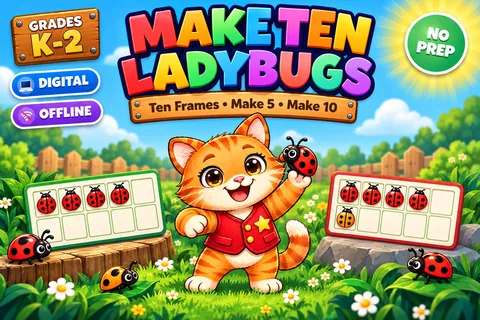 Make Ten Ladybugs game cover: make 10 practice for K–1