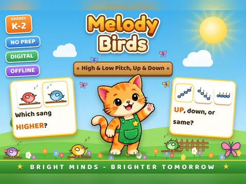 Melody Birds game cover: high and low pitch practice for K–2