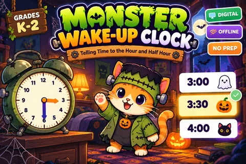 Monster Wake-Up Clock game cover: telling time practice for Grades 1–2