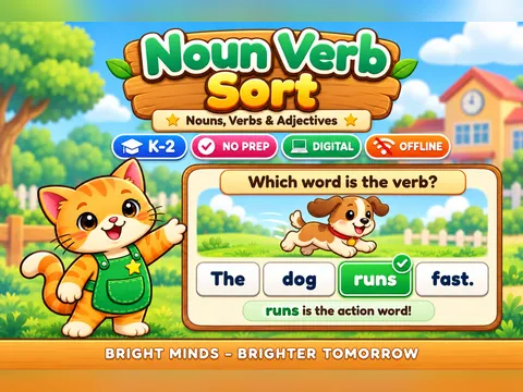 Noun Verb Sort game cover: nouns and verbs practice for K–2