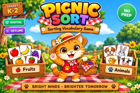 Picnic Sort game cover: sorting practice for Kindergarten