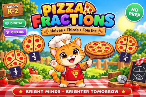 Pizza Fractions game cover: fractions practice for Grades 1–2