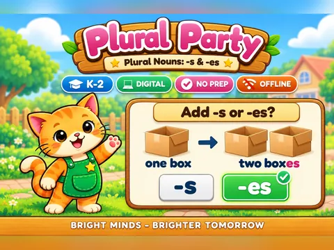 Plural Party game cover: plural nouns practice for K–2