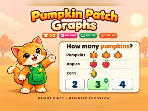 Pumpkin Patch Graphs game cover: picture and bar graphs practice for Grades 1–2