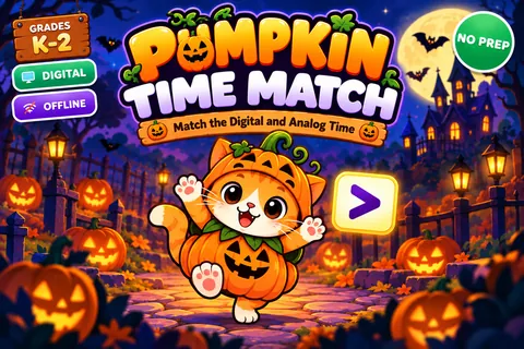 Pumpkin Time Match game cover: time matching practice for Grades 1–2