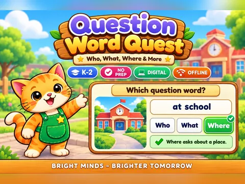 Question Word Quest game cover: question words practice for K–2