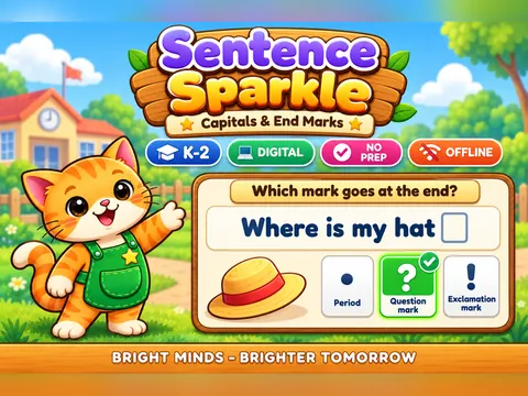 Sentence Sparkle game cover: punctuation and capitals practice for K–2