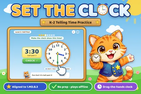 Set the Clock game cover: telling time practice for Grades 1–2