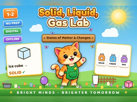 Solid, Liquid, Gas Lab game cover: states of matter practice for Grades 1–2