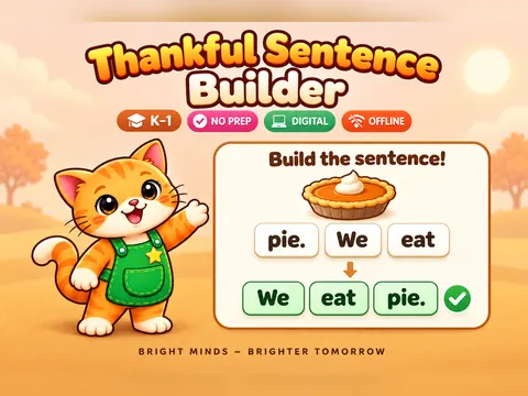 Thankful Sentence Builder game cover: building sentences practice for K–1