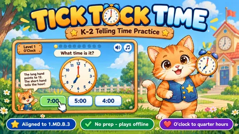 Tick Tock Time game cover: telling time practice for Grades 1–2