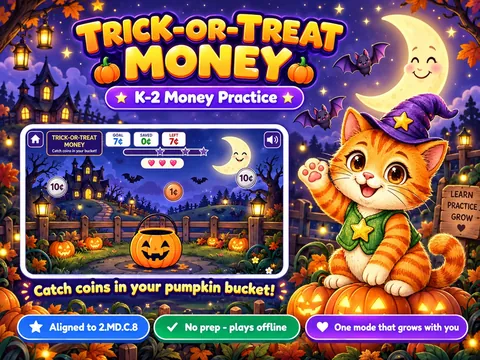 Trick-or-Treat Money game cover: halloween coin practice for K–2