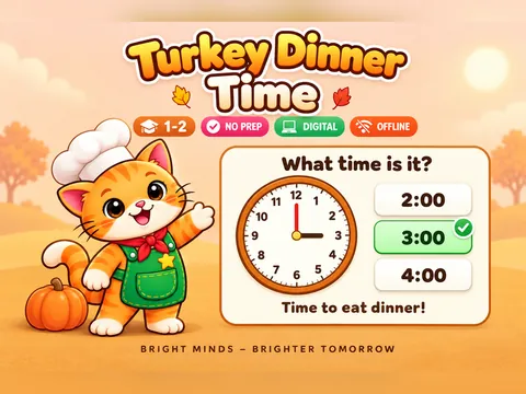 Turkey Dinner Time game cover: telling time practice for Grades 1–2