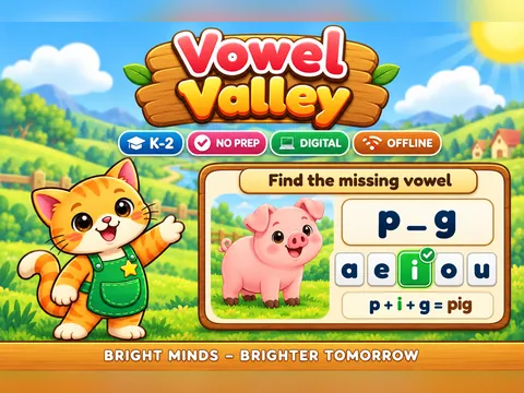 Vowel Valley game cover: short vowels practice for K–2