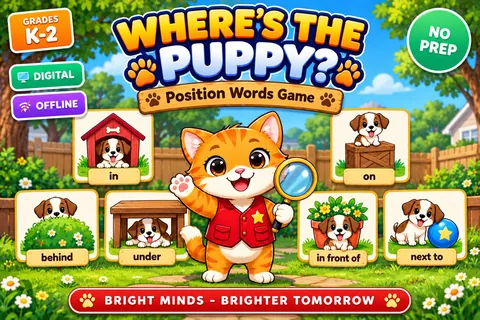Where's the Puppy game cover: position words practice for K–1