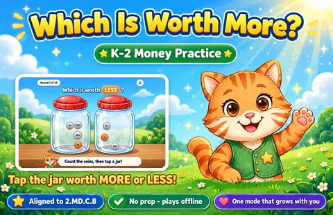 Which Is Worth More? game cover: comparing money practice for K–2