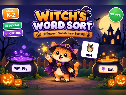 Witch's Word Sort game cover: word sorting practice for K–2